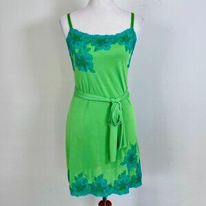 Natori electric green blue lace trim satin belted slip dress